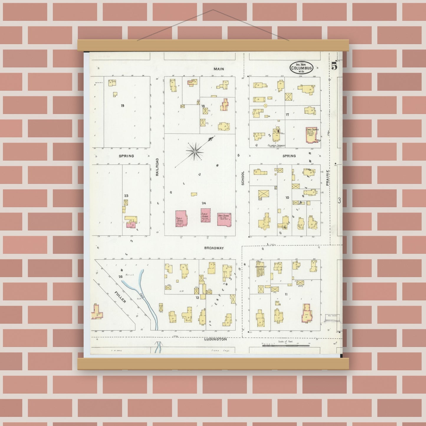 Old map wall art mockup — magnetic wood frame on brick wall — Sanborn Fire Insurance Map from Columbus, Columbia and Dodge County, Wisconsin (1904), Sheet #0005
