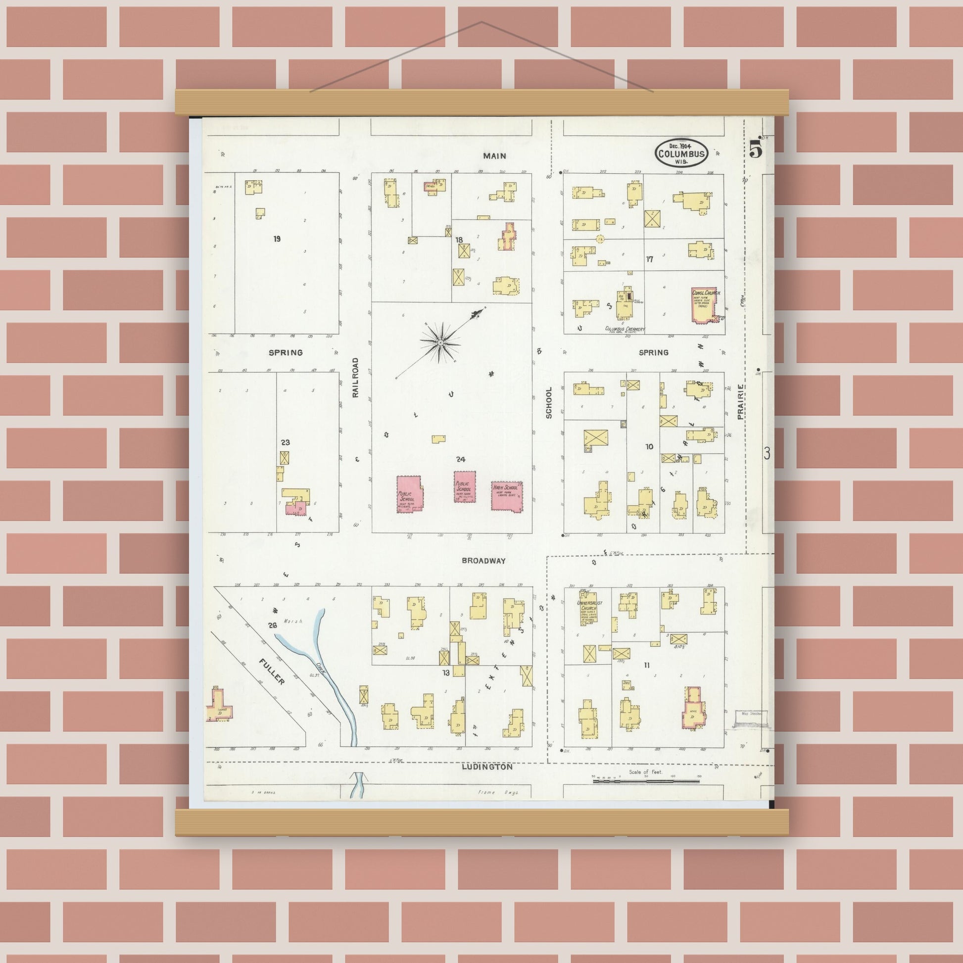 Old map wall art mockup — magnetic wood frame on brick wall — Sanborn Fire Insurance Map from Columbus, Columbia and Dodge County, Wisconsin (1904), Sheet #0005