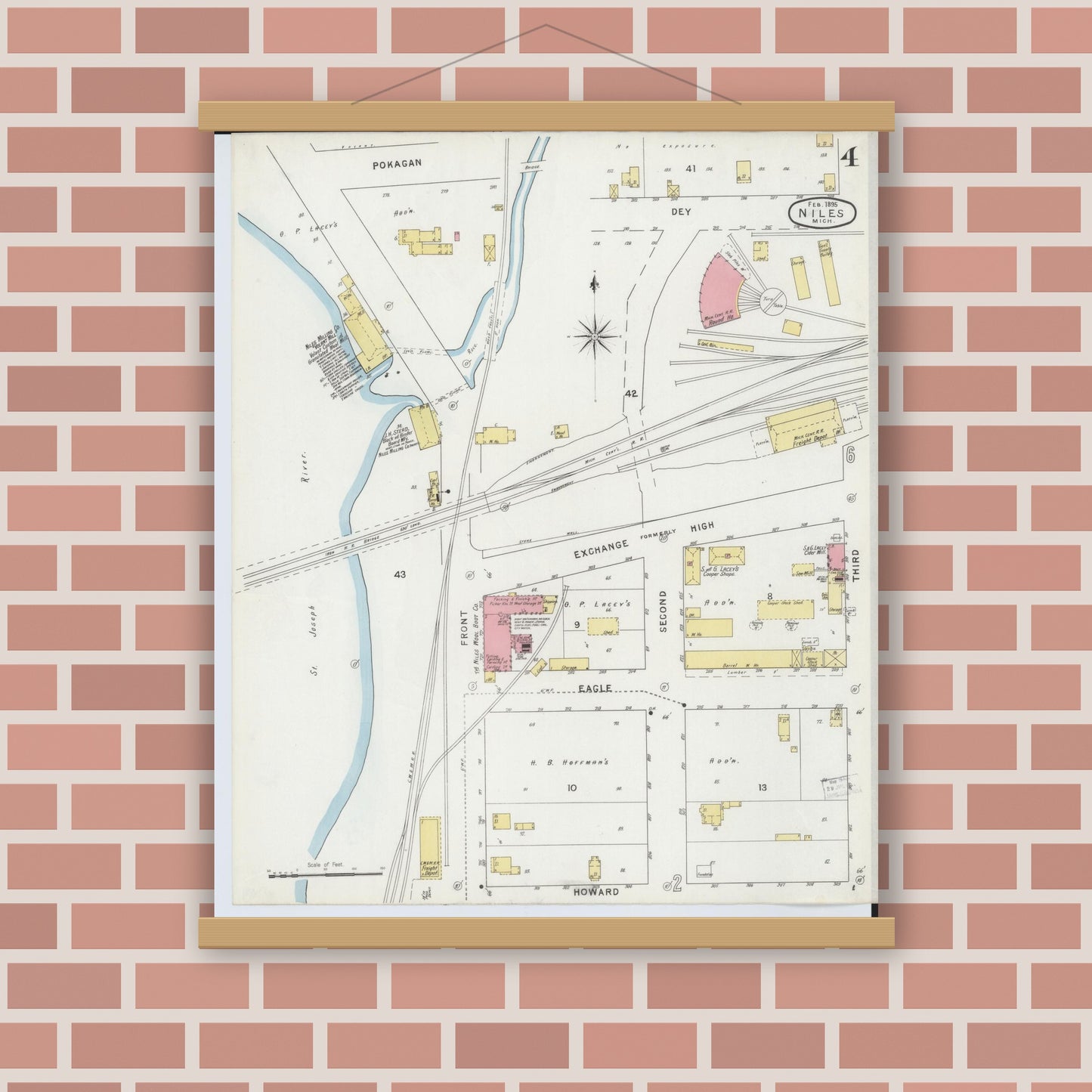 Old map wall art mockup — magnetic wood frame on brick wall — Sanborn Fire Insurance Map from Niles, Berrien County, Michigan (1895), Sheet #0004
