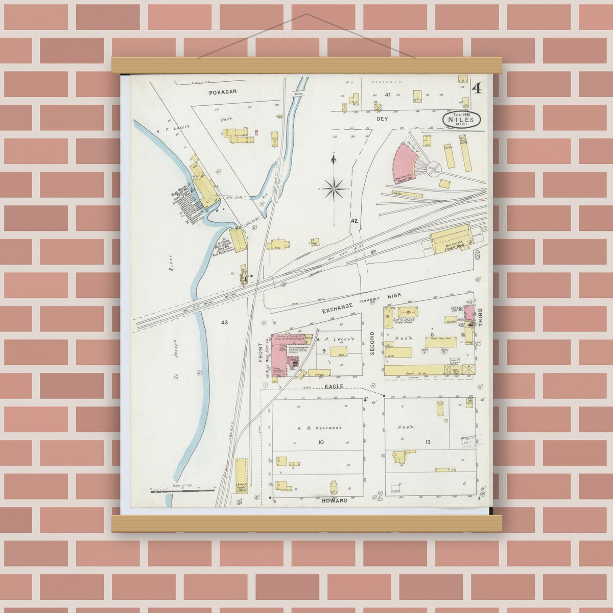 Old map wall art mockup — magnetic wood frame on brick wall — Sanborn Fire Insurance Map from Niles, Berrien County, Michigan (1895), Sheet #0004