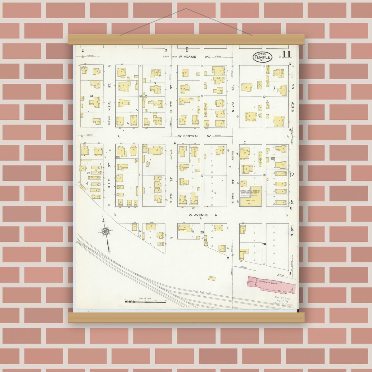 Old map wall art mockup — magnetic wood frame on brick wall — Sanborn Fire Insurance Map from Temple, Bell County, Texas (1915), Sheet #0011