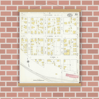 Old map wall art mockup — magnetic wood frame on brick wall — Sanborn Fire Insurance Map from Temple, Bell County, Texas (1915), Sheet #0011