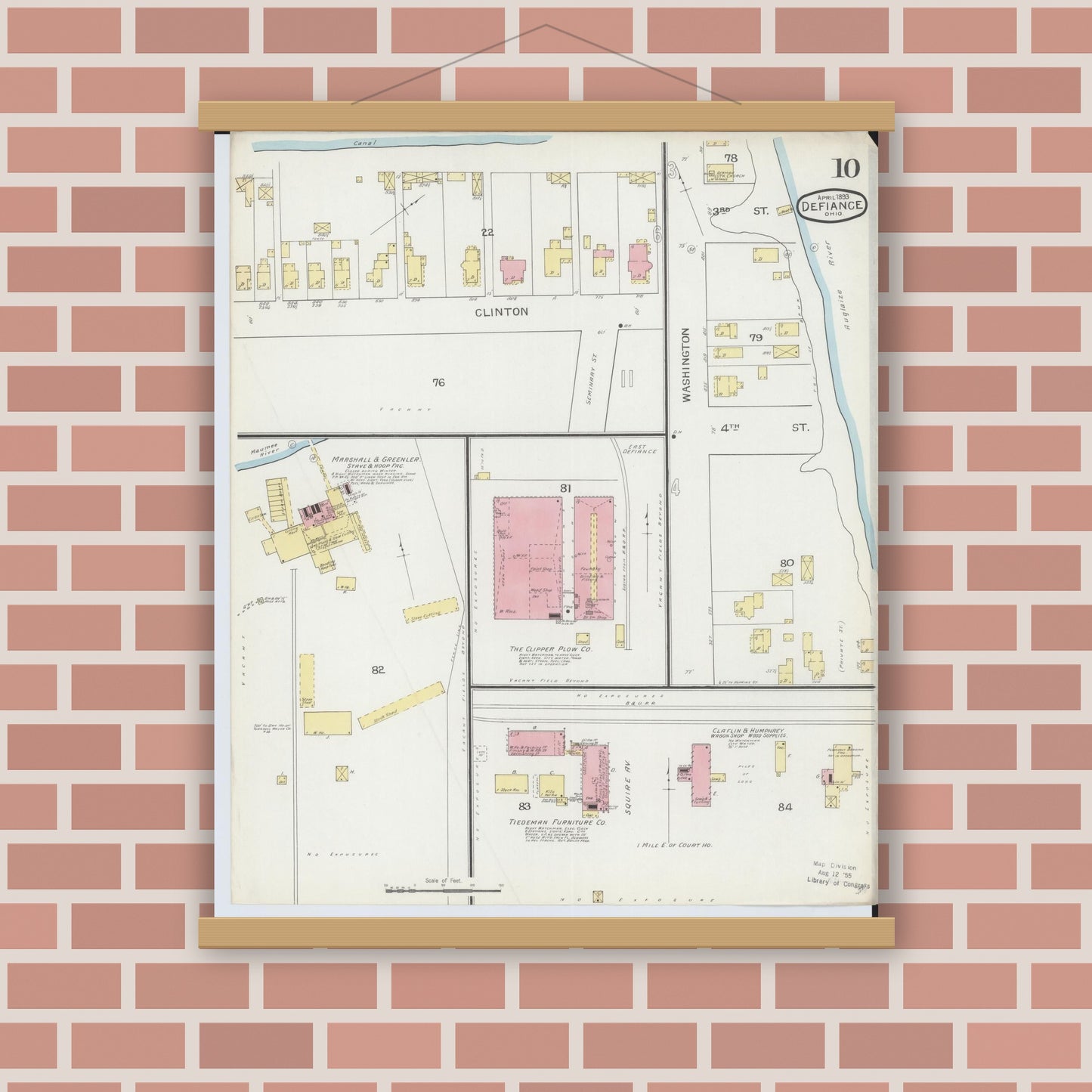 Old map wall art mockup — magnetic wood frame on brick wall — Sanborn Fire Insurance Map from Defiance, Defiance County, Ohio (1893), Sheet #0010