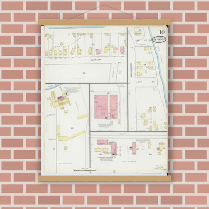 Old map wall art mockup — magnetic wood frame on brick wall — Sanborn Fire Insurance Map from Defiance, Defiance County, Ohio (1893), Sheet #0010