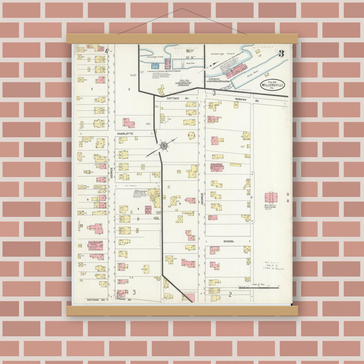 Old map wall art mockup — magnetic wood frame on brick wall — Sanborn Fire Insurance Map from Millersville, Lancaster County, Pennsylvania (1912), Sheet #0003