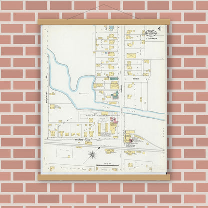 Old map wall art mockup — magnetic wood frame on brick wall — Sanborn Fire Insurance Map from Bluffton, Allen County, Ohio (1901), Sheet #0004