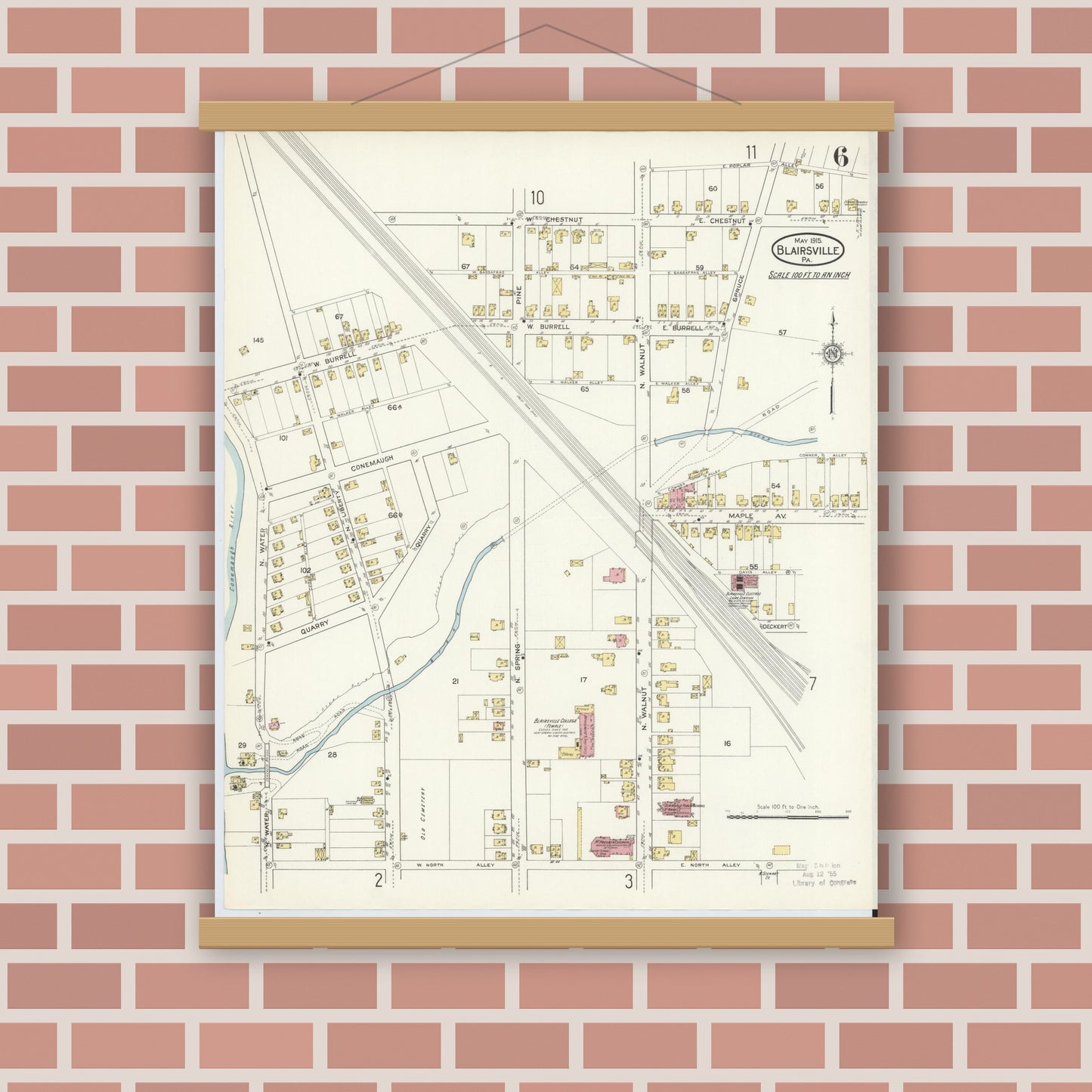Old map wall art mockup — magnetic wood frame on brick wall — Sanborn Fire Insurance Map from Blairsville, Indiana County, Pennsylvania (1915), Sheet #0006