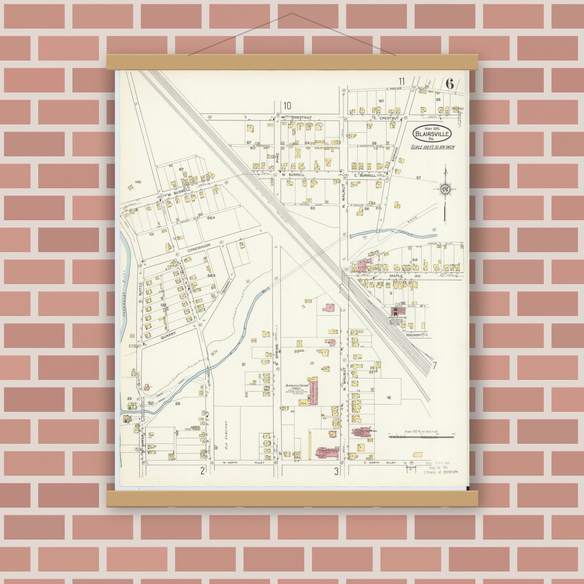 Old map wall art mockup — magnetic wood frame on brick wall — Sanborn Fire Insurance Map from Blairsville, Indiana County, Pennsylvania (1915), Sheet #0006