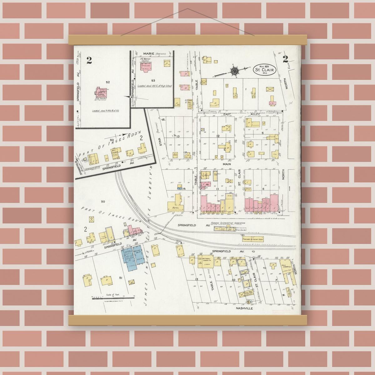 Old map wall art mockup — magnetic wood frame on brick wall — Sanborn Fire Insurance Map from Saint Clair, Franklin County, Missouri (1924), Sheet #0002