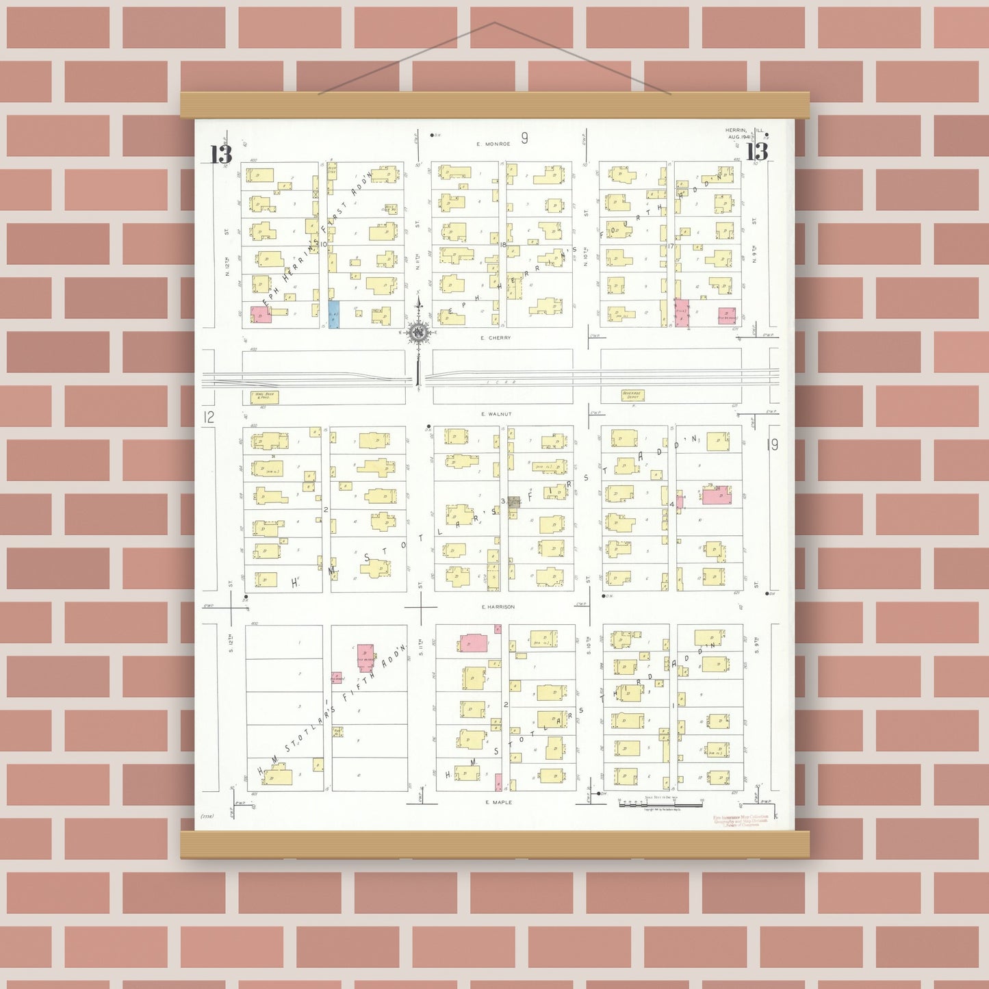 Old map wall art mockup — magnetic wood frame on brick wall — Sanborn Fire Insurance Map from Herrin, Williamson County, Illinois (1941), Sheet #0013