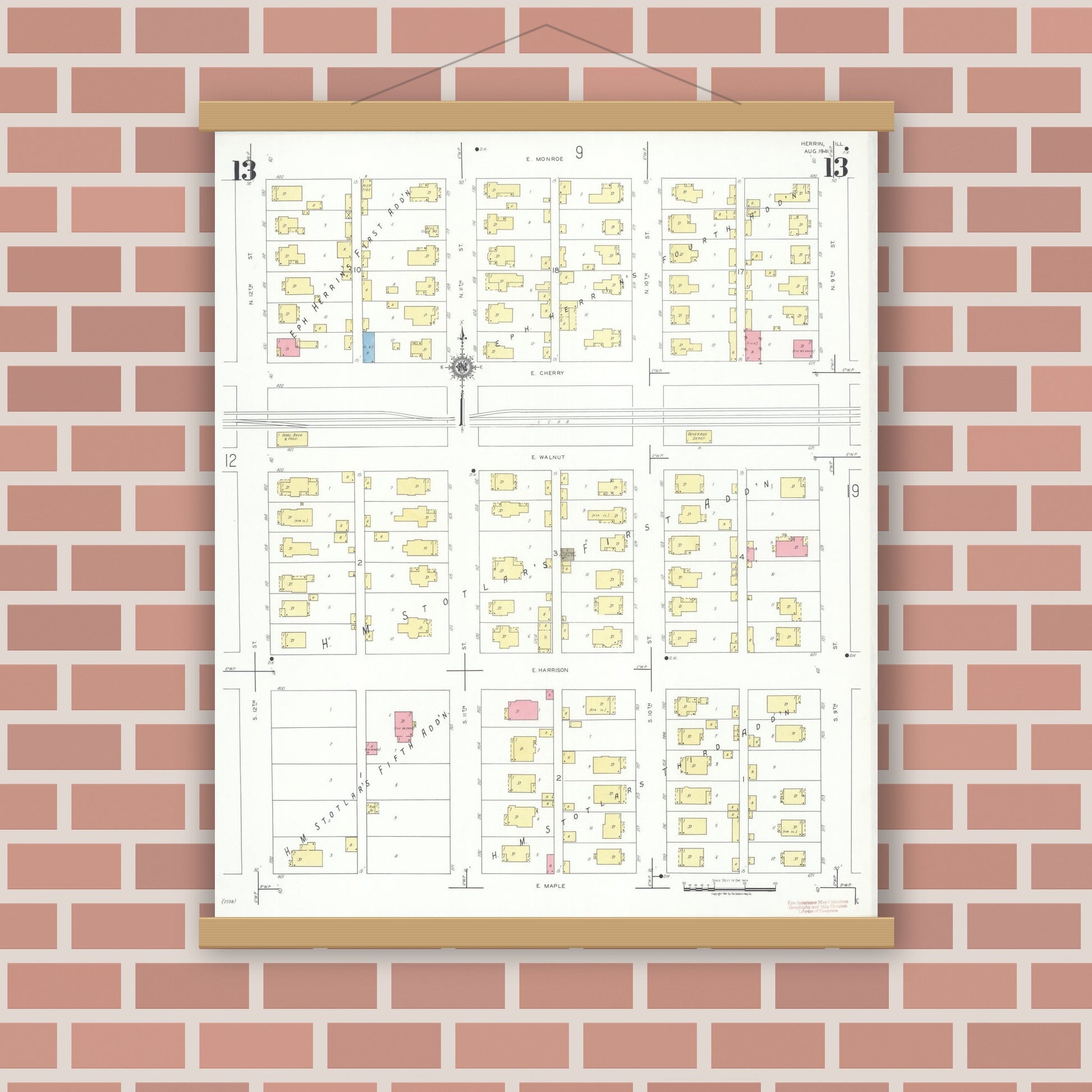 Old map wall art mockup — magnetic wood frame on brick wall — Sanborn Fire Insurance Map from Herrin, Williamson County, Illinois (1941), Sheet #0013