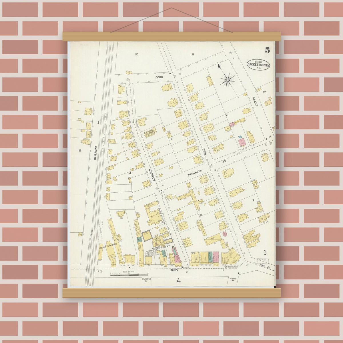 Old map wall art mockup — magnetic wood frame on brick wall — Sanborn Fire Insurance Map from Hackettstown, Warren County, New Jersey (1902), Sheet #0005