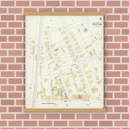 Old map wall art mockup — magnetic wood frame on brick wall — Sanborn Fire Insurance Map from Hackettstown, Warren County, New Jersey (1902), Sheet #0005