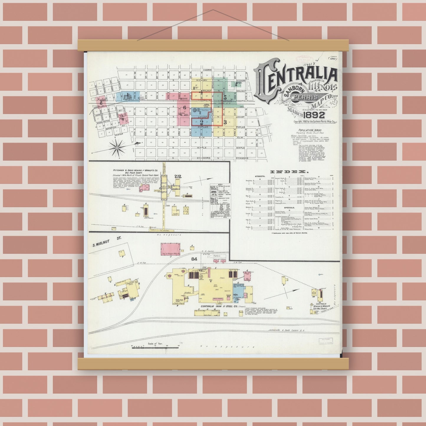 Old map wall art mockup — magnetic wood frame on brick wall — Sanborn Fire Insurance Map from Centralia, Marion, Clinton, Jefferson, and Washington Counties, Illinois (1892), Sheet #0001