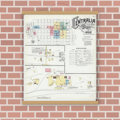 Old map wall art mockup — magnetic wood frame on brick wall — Sanborn Fire Insurance Map from Centralia, Marion, Clinton, Jefferson, and Washington Counties, Illinois (1892), Sheet #0001
