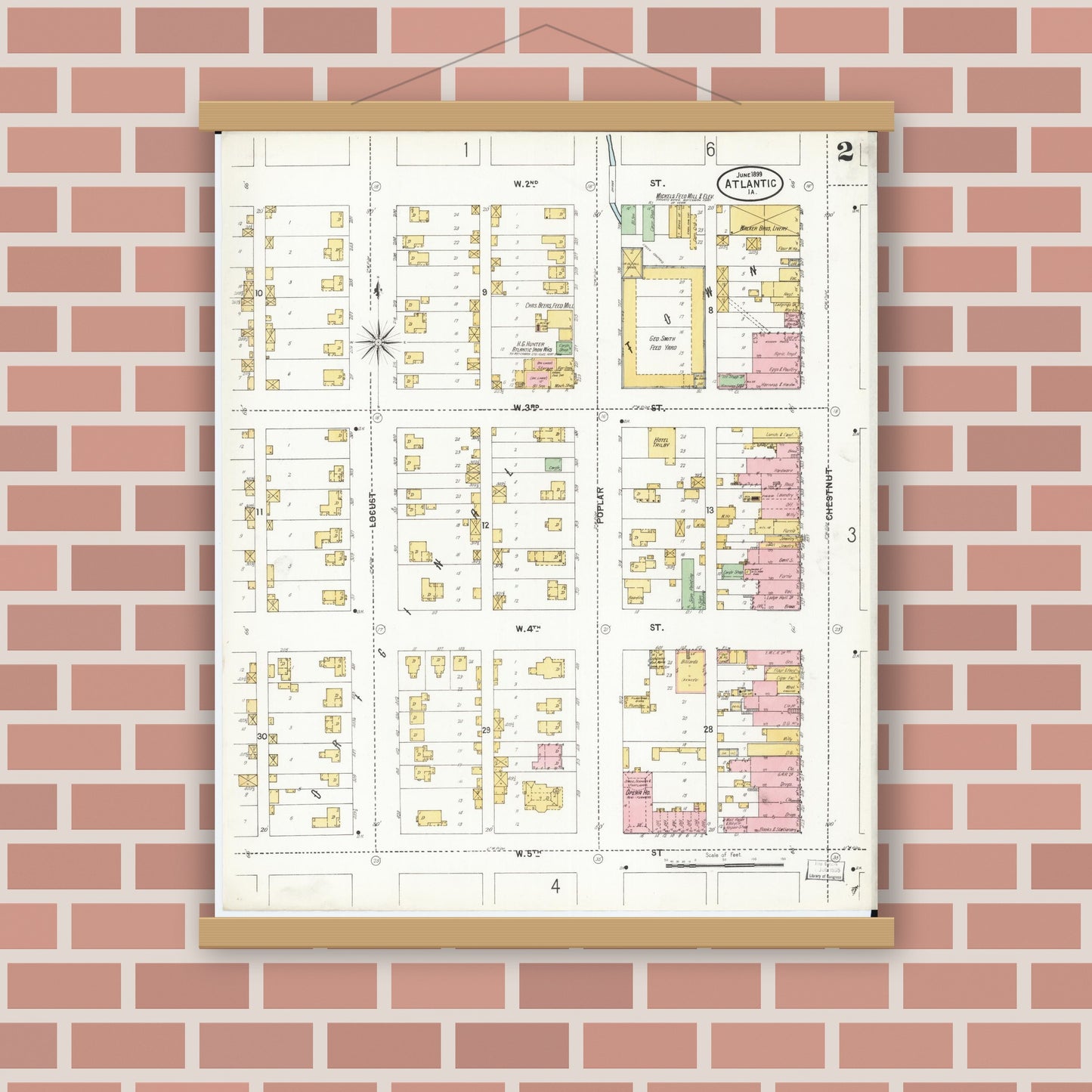 Old map wall art mockup — magnetic wood frame on brick wall — Sanborn Fire Insurance Map from Atlantic, Cass County, Iowa (1899), Sheet #0002