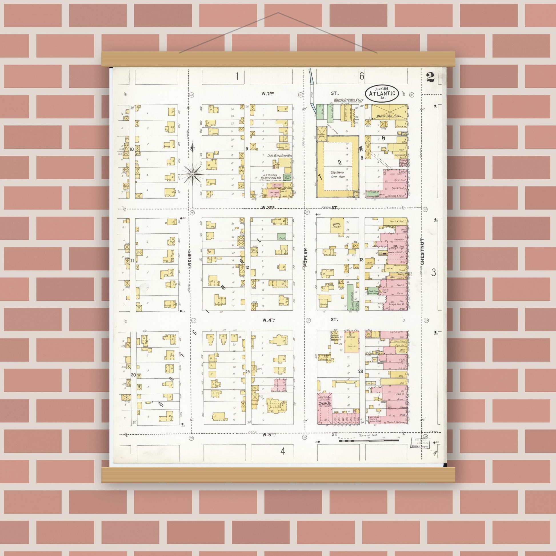 Old map wall art mockup — magnetic wood frame on brick wall — Sanborn Fire Insurance Map from Atlantic, Cass County, Iowa (1899), Sheet #0002