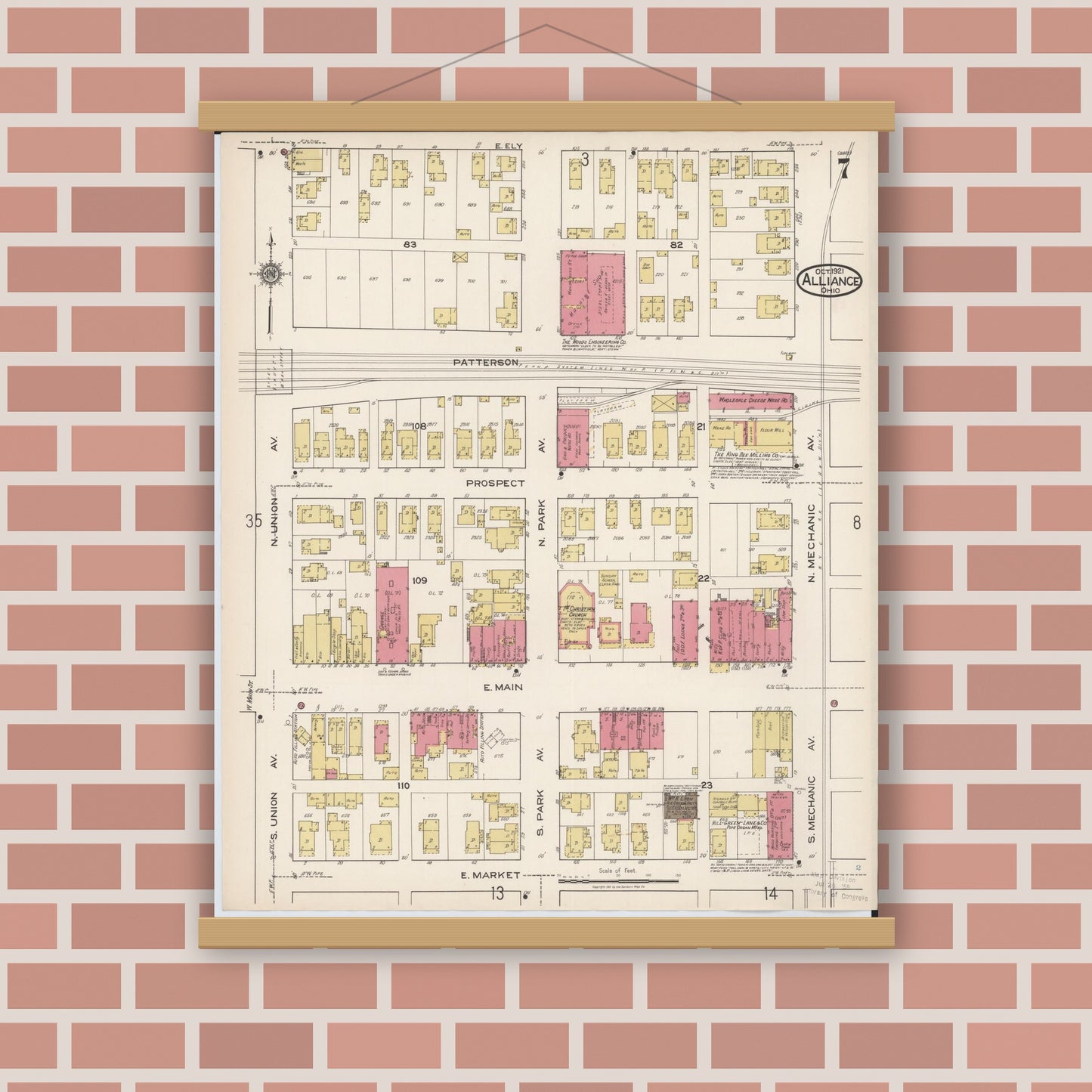 Old map wall art mockup — magnetic wood frame on brick wall — Sanborn Fire Insurance Map from Alliance, Stark County, Ohio (1921), Sheet #0007