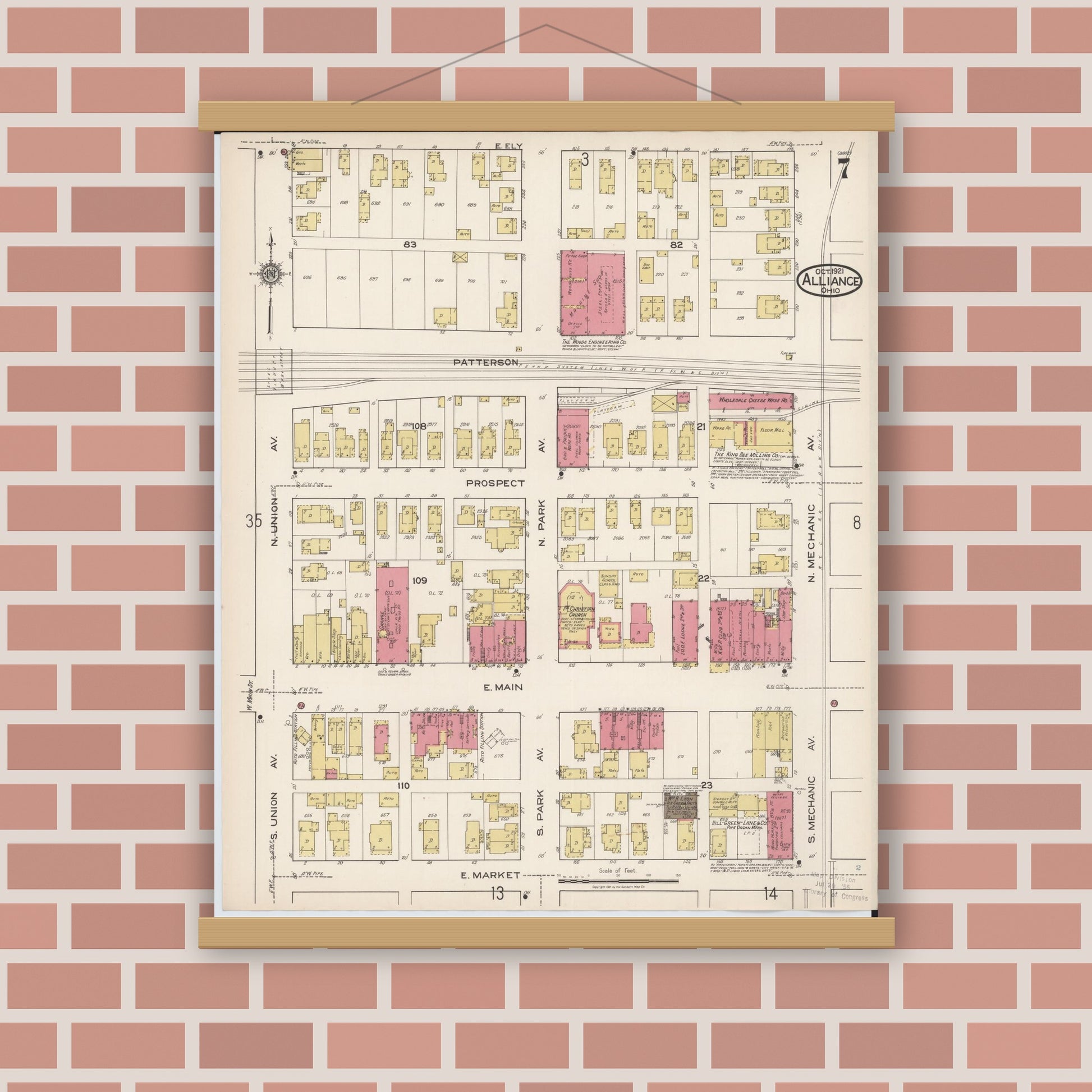 Old map wall art mockup — magnetic wood frame on brick wall — Sanborn Fire Insurance Map from Alliance, Stark County, Ohio (1921), Sheet #0007