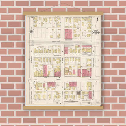 Old map wall art mockup — magnetic wood frame on brick wall — Sanborn Fire Insurance Map from Alliance, Stark County, Ohio (1921), Sheet #0007