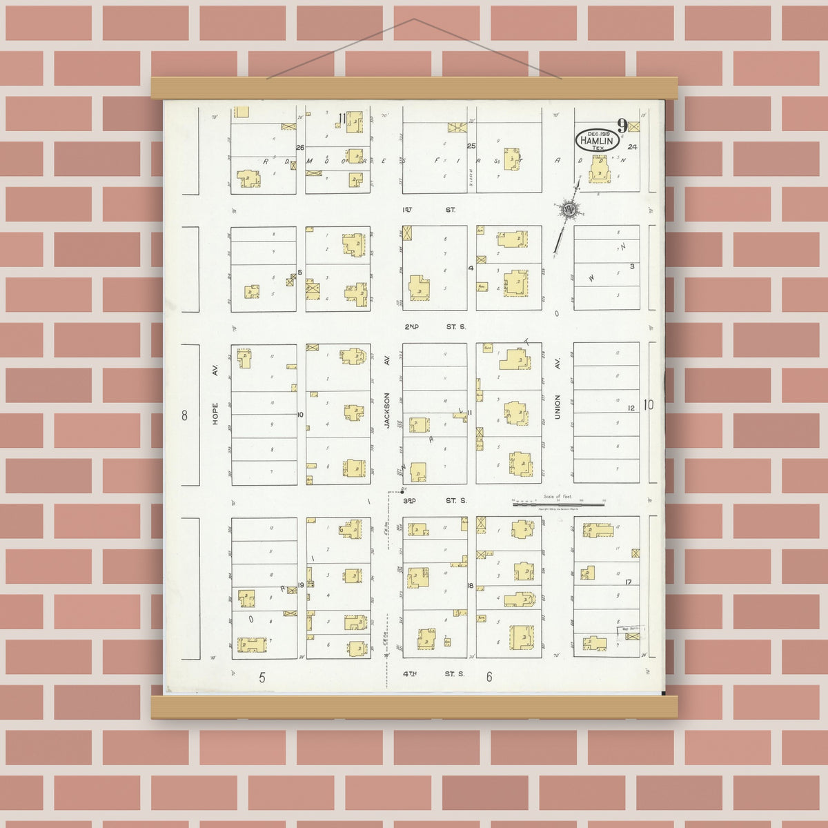 Old map wall art mockup — magnetic wood frame on brick wall — Sanborn Fire Insurance Map from Hamlin, Jones County, Texas (1919), Sheet #0009