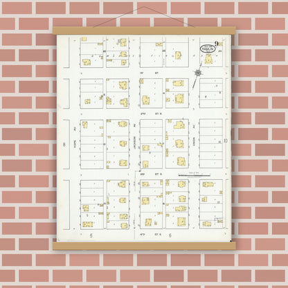 Old map wall art mockup — magnetic wood frame on brick wall — Sanborn Fire Insurance Map from Hamlin, Jones County, Texas (1919), Sheet #0009