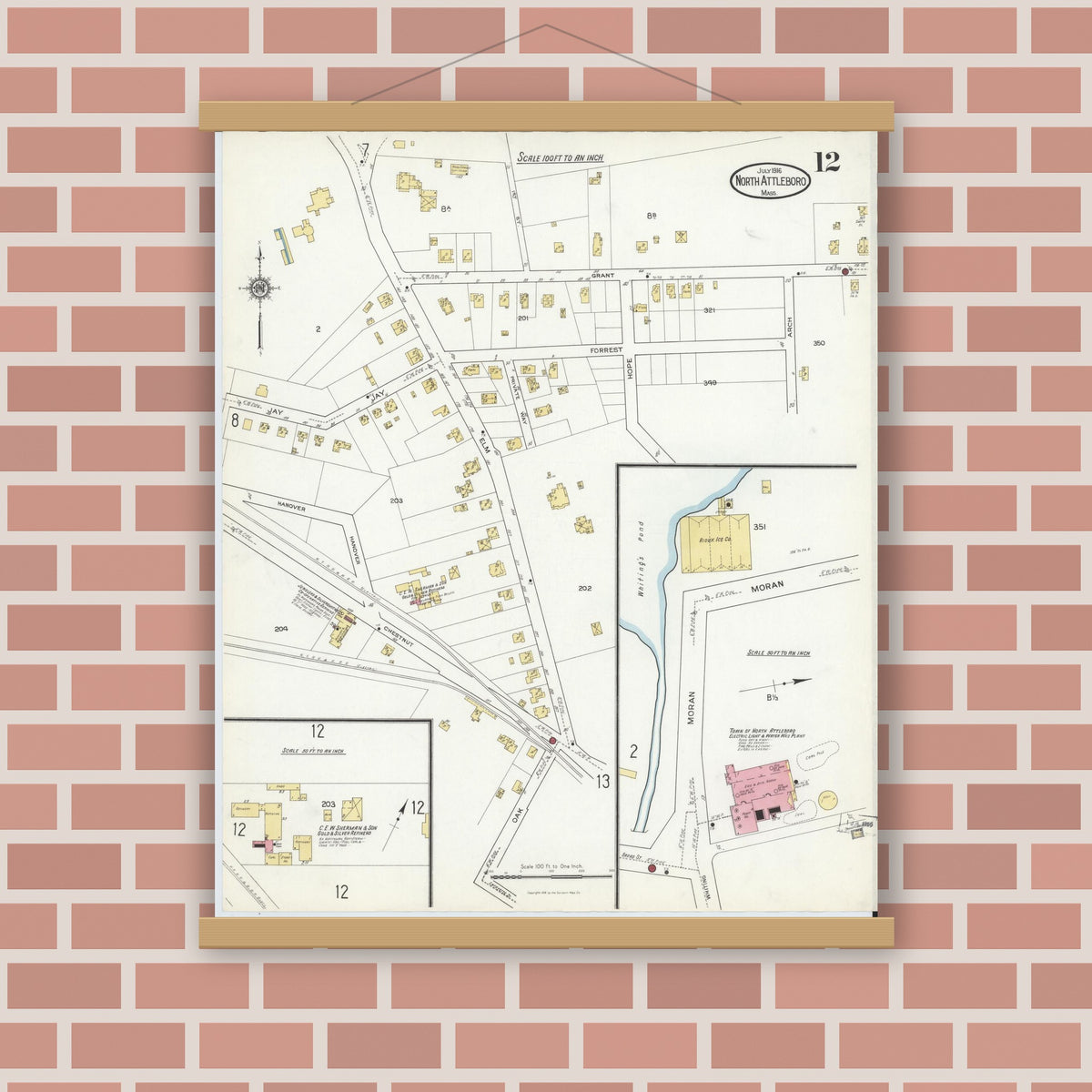 Old map wall art mockup — magnetic wood frame on brick wall — Sanborn Fire Insurance Map from North Attleborough, Bristol County, Massachusetts (1916), Sheet #0012