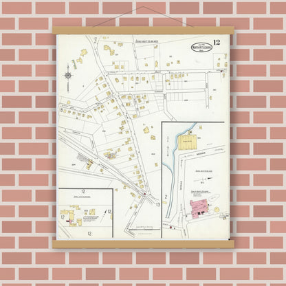 Old map wall art mockup — magnetic wood frame on brick wall — Sanborn Fire Insurance Map from North Attleborough, Bristol County, Massachusetts (1916), Sheet #0012