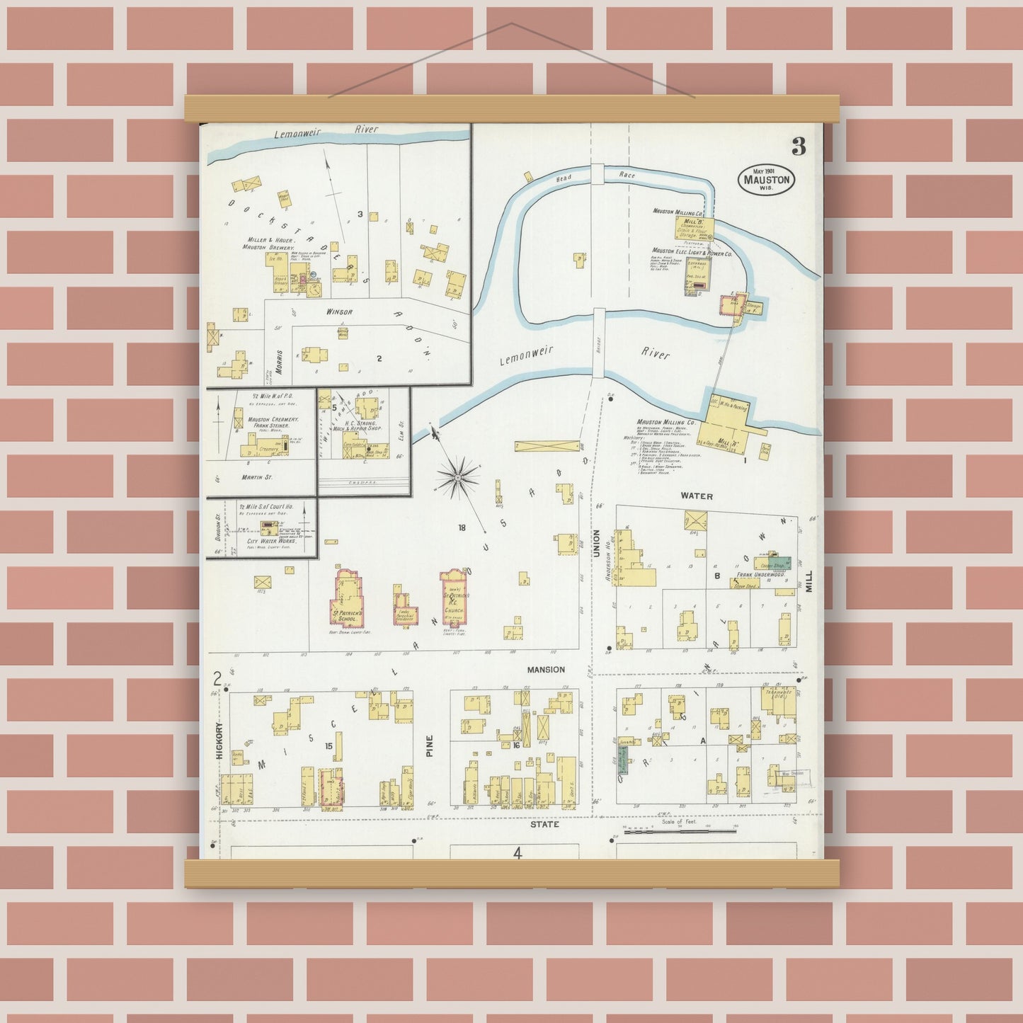 Old map wall art mockup — magnetic wood frame on brick wall — Sanborn Fire Insurance Map from Mauston, Juneau County, Wisconsin (1901), Sheet #0003