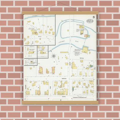 Old map wall art mockup — magnetic wood frame on brick wall — Sanborn Fire Insurance Map from Mauston, Juneau County, Wisconsin (1901), Sheet #0003