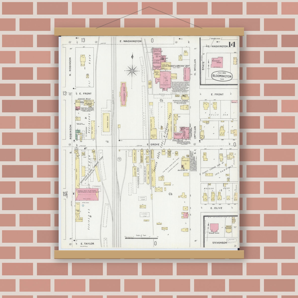 Old map wall art mockup — magnetic wood frame on brick wall — Sanborn Fire Insurance Map from Bloomington, McLean County, Illinois (1896), Sheet #0014