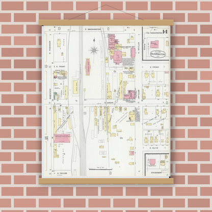 Old map wall art mockup — magnetic wood frame on brick wall — Sanborn Fire Insurance Map from Bloomington, McLean County, Illinois (1896), Sheet #0014