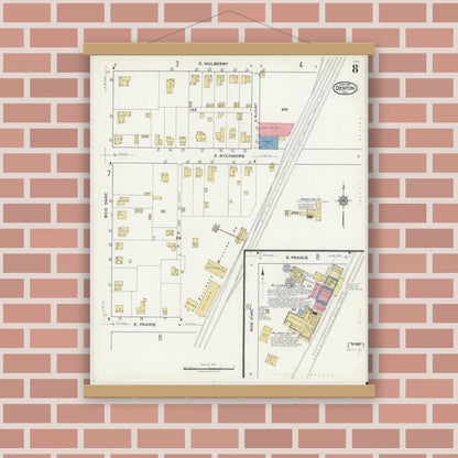 Old map wall art mockup — magnetic wood frame on brick wall — Sanborn Fire Insurance Map from Denton, Denton County, Texas (1921), Sheet #0008