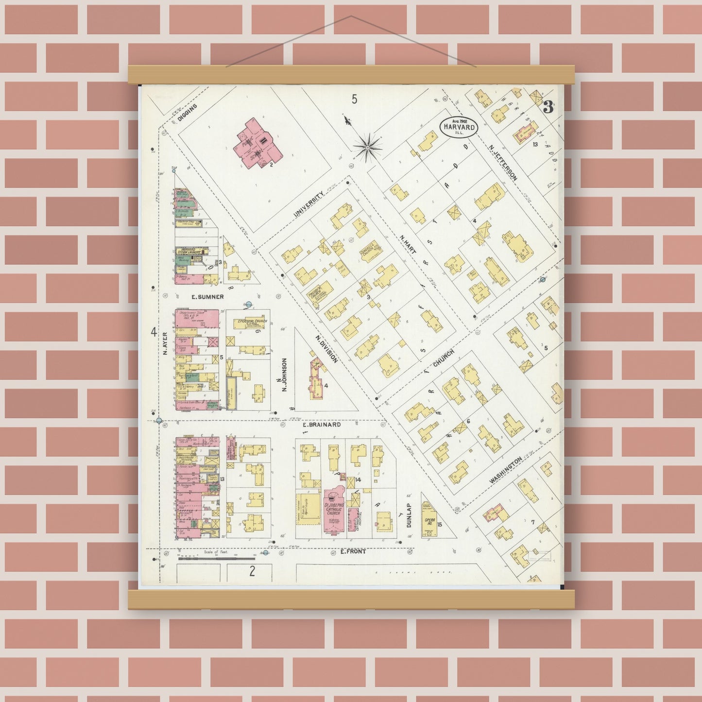 Old map wall art mockup — magnetic wood frame on brick wall — Sanborn Fire Insurance Map from Harvard, McHenry County, Illinois (1902), Sheet #0003