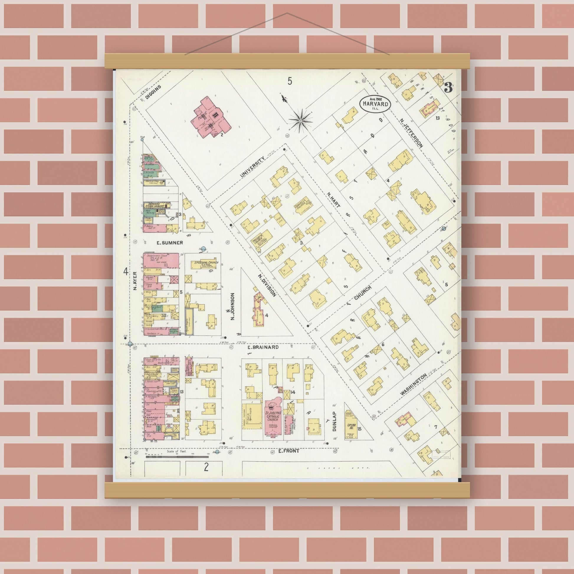 Old map wall art mockup — magnetic wood frame on brick wall — Sanborn Fire Insurance Map from Harvard, McHenry County, Illinois (1902), Sheet #0003