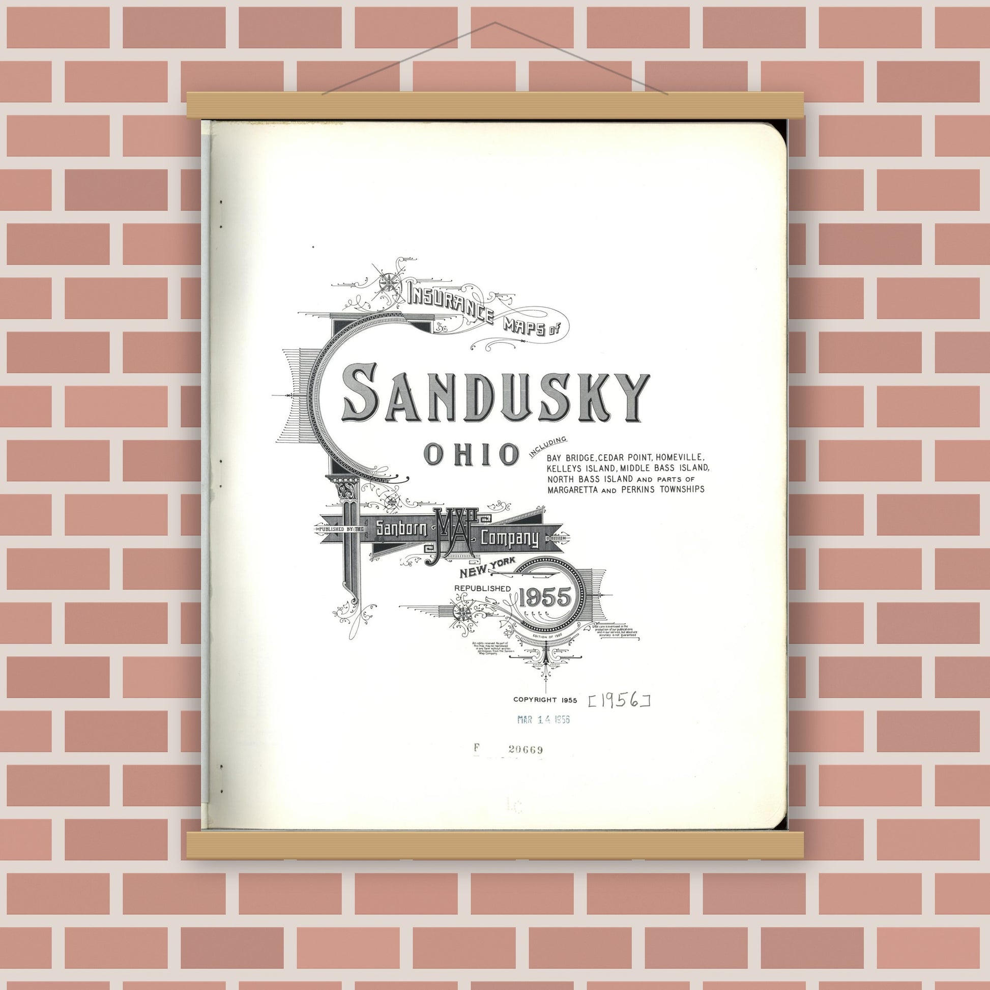 Old map wall art mockup — magnetic wood frame on brick wall — Sanborn Fire Insurance Map from Sandusky, Erie County, Ohio (1955), Sheet #0001