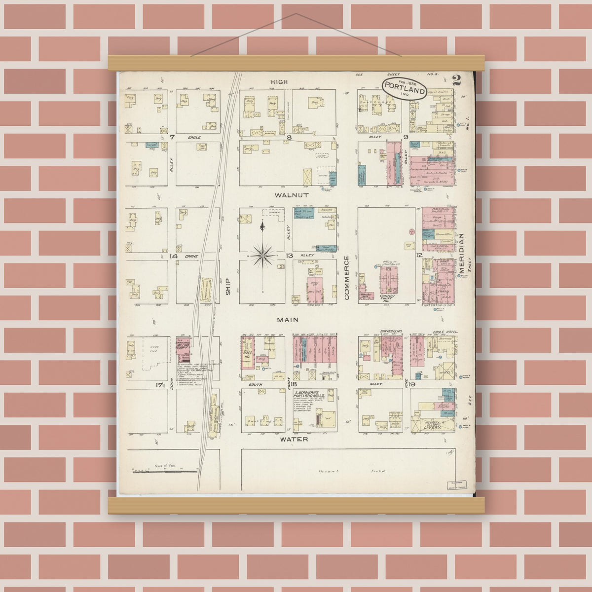 Old map wall art mockup — magnetic wood frame on brick wall — Sanborn Fire Insurance Map from Portland, Jay County, Indiana (1886), Sheet #0002