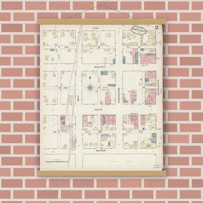 Old map wall art mockup — magnetic wood frame on brick wall — Sanborn Fire Insurance Map from Portland, Jay County, Indiana (1886), Sheet #0002