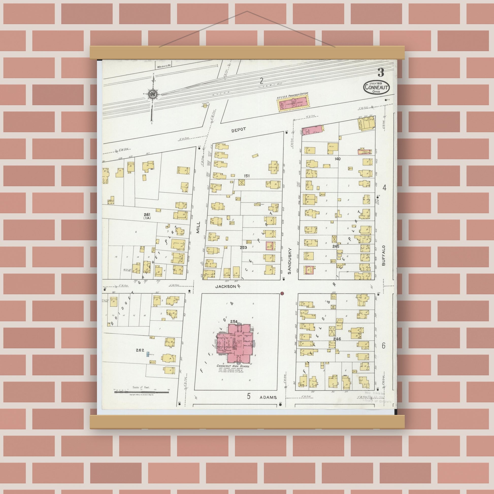 Old map wall art mockup — magnetic wood frame on brick wall — Sanborn Fire Insurance Map from Conneaut, Ashtabula County, Ohio (1919), Sheet #0003