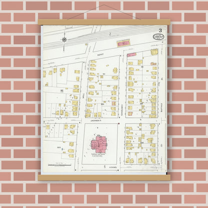 Old map wall art mockup — magnetic wood frame on brick wall — Sanborn Fire Insurance Map from Conneaut, Ashtabula County, Ohio (1919), Sheet #0003