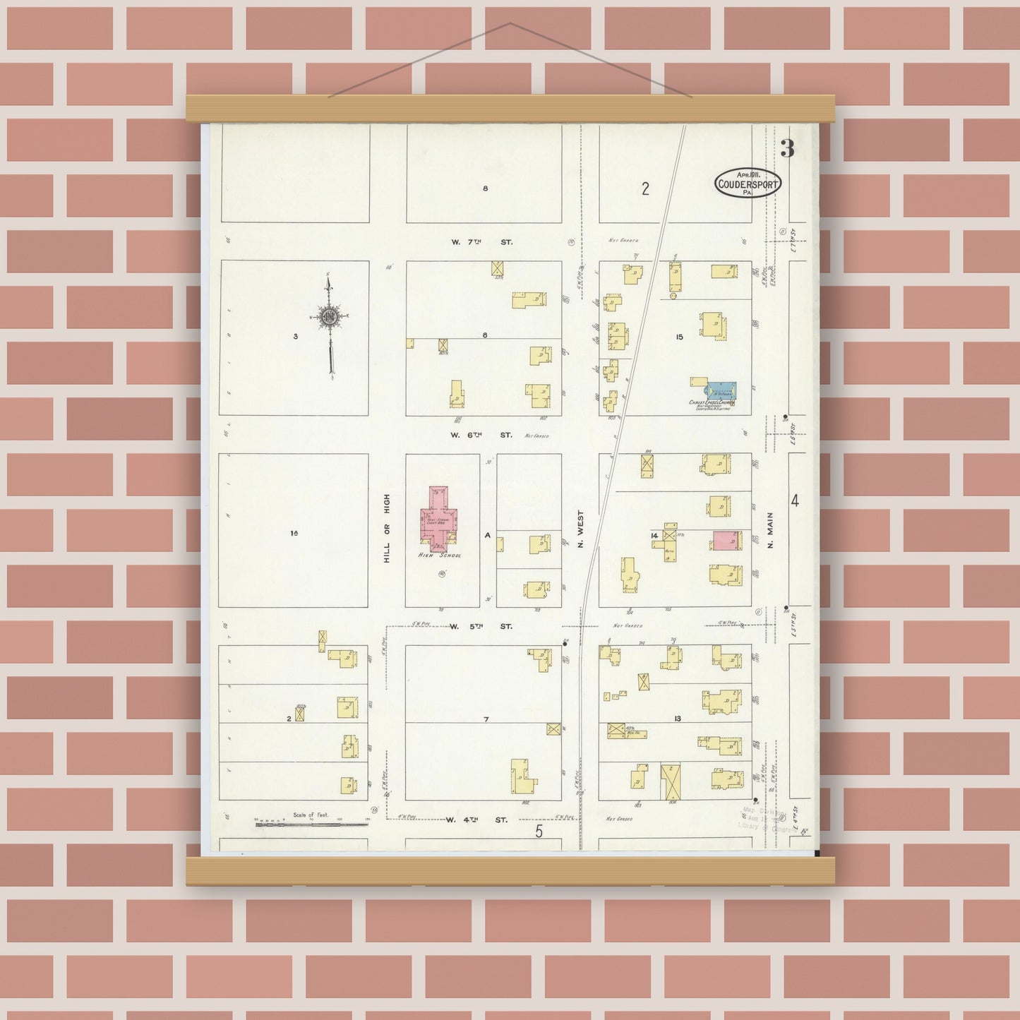 Old map wall art mockup — magnetic wood frame on brick wall — Sanborn Fire Insurance Map from Coudersport, Potter County, Pennsylvania (1911), Sheet #0003