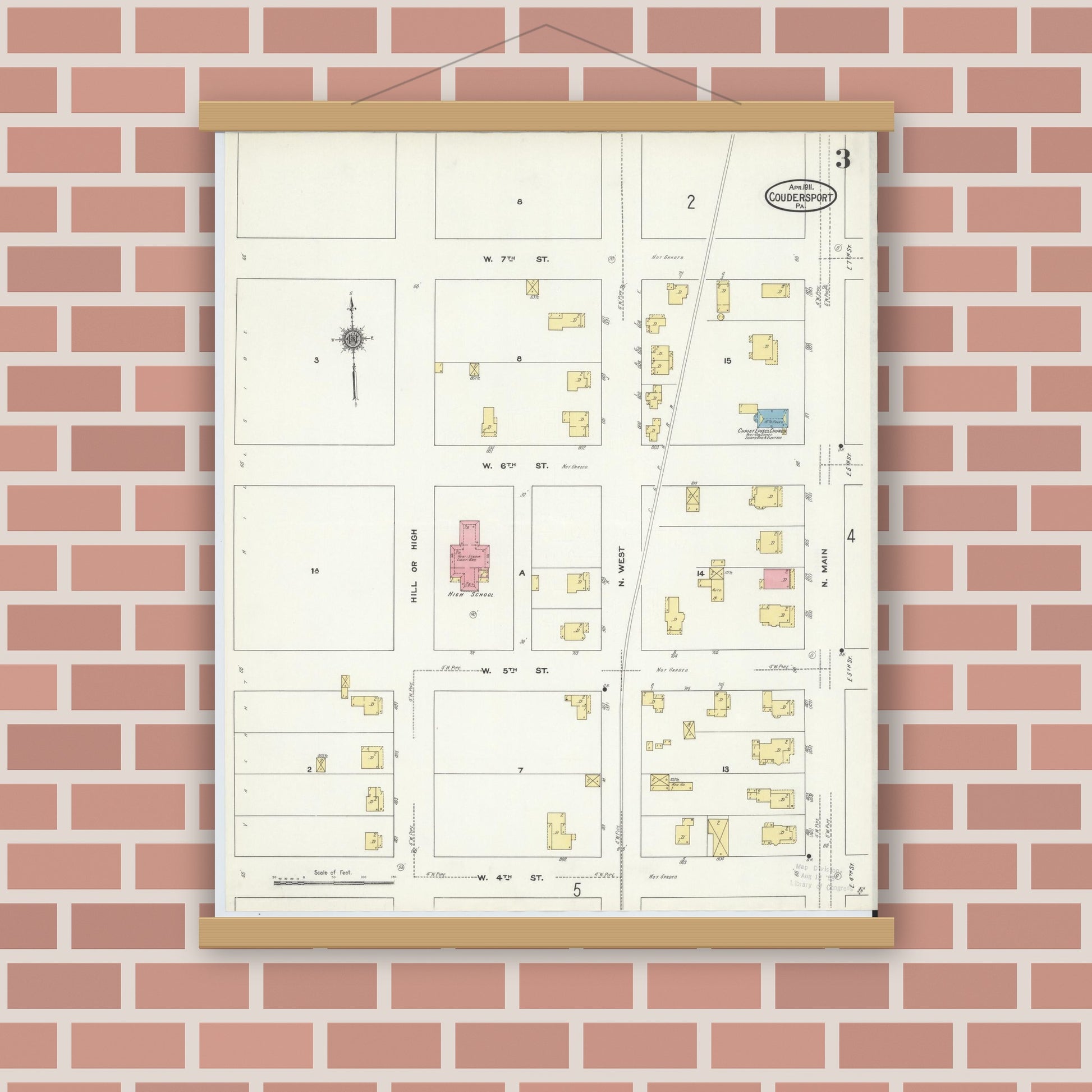 Old map wall art mockup — magnetic wood frame on brick wall — Sanborn Fire Insurance Map from Coudersport, Potter County, Pennsylvania (1911), Sheet #0003