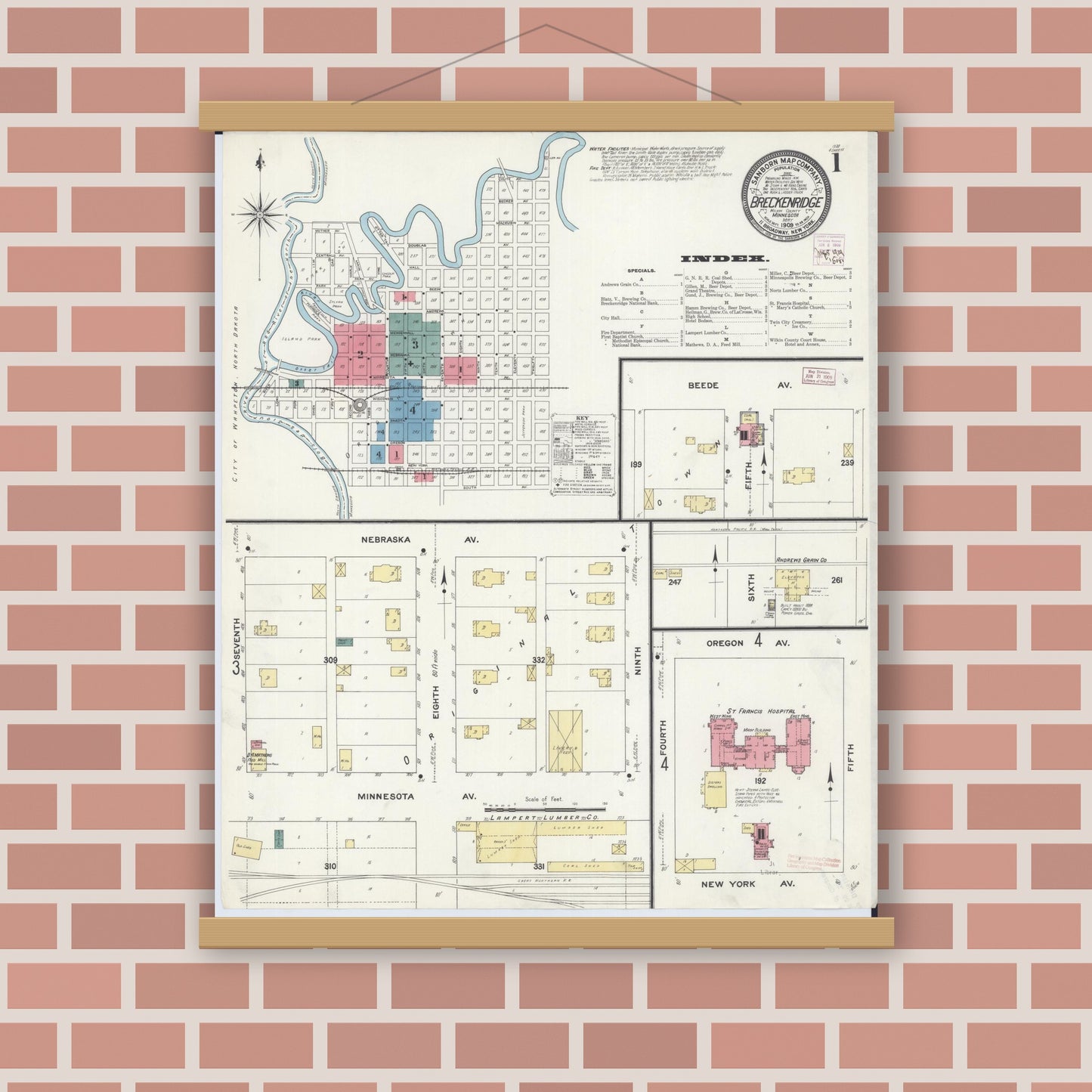 Old map wall art mockup — magnetic wood frame on brick wall — Sanborn Fire Insurance Map from Breckenridge, Wilkin County, Minnesota (1909), Sheet #0001