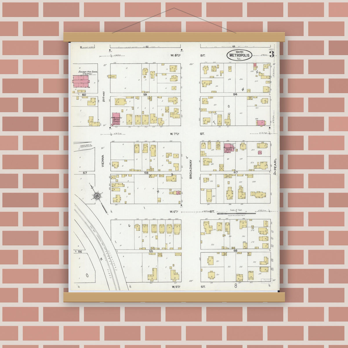 Old map wall art mockup — magnetic wood frame on brick wall — Sanborn Fire Insurance Map from Metropolis, Massac County, Illinois (1921), Sheet #0003