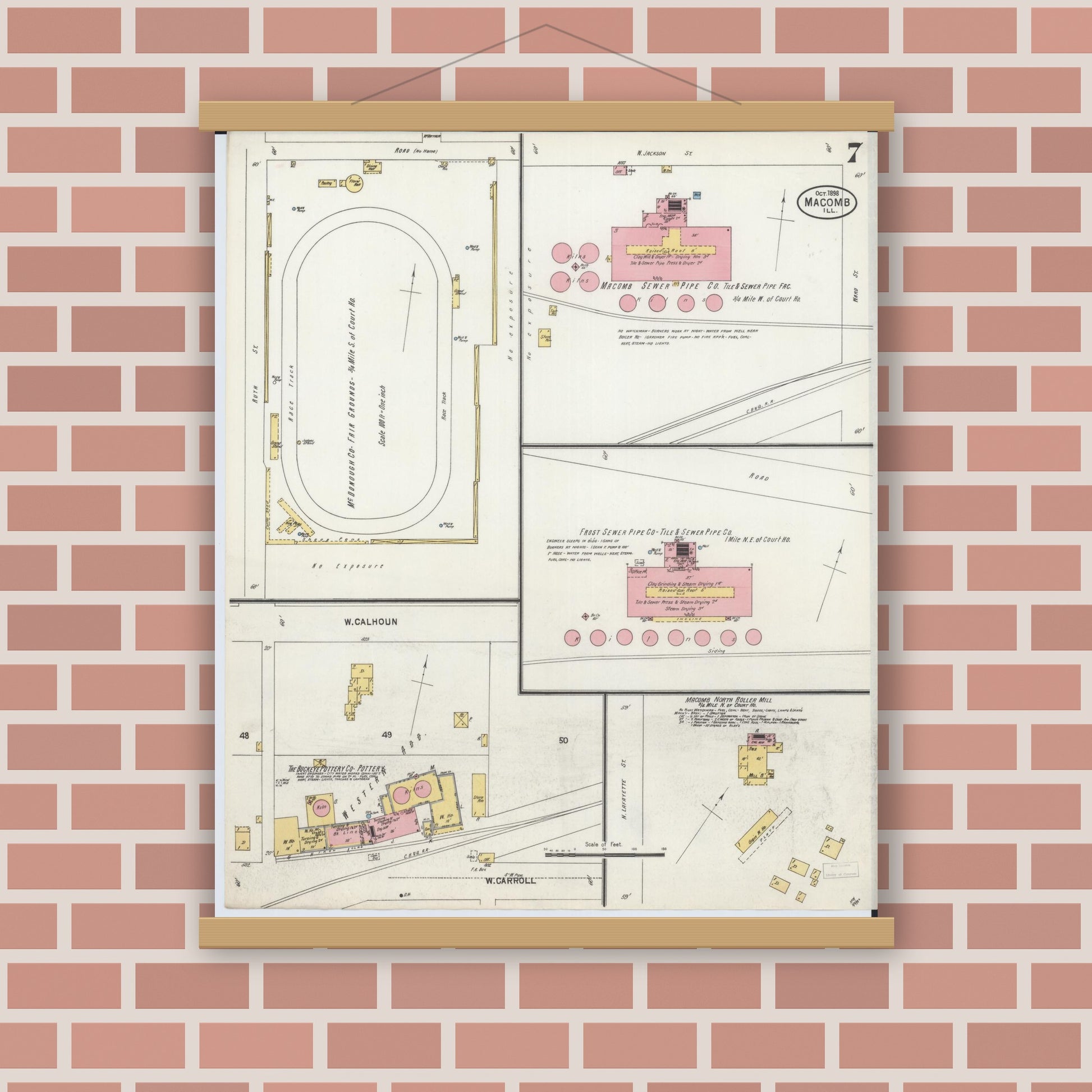 Old map wall art mockup — magnetic wood frame on brick wall — Sanborn Fire Insurance Map from Macomb, Mcdonough County, Illinois (1898), Sheet #0007
