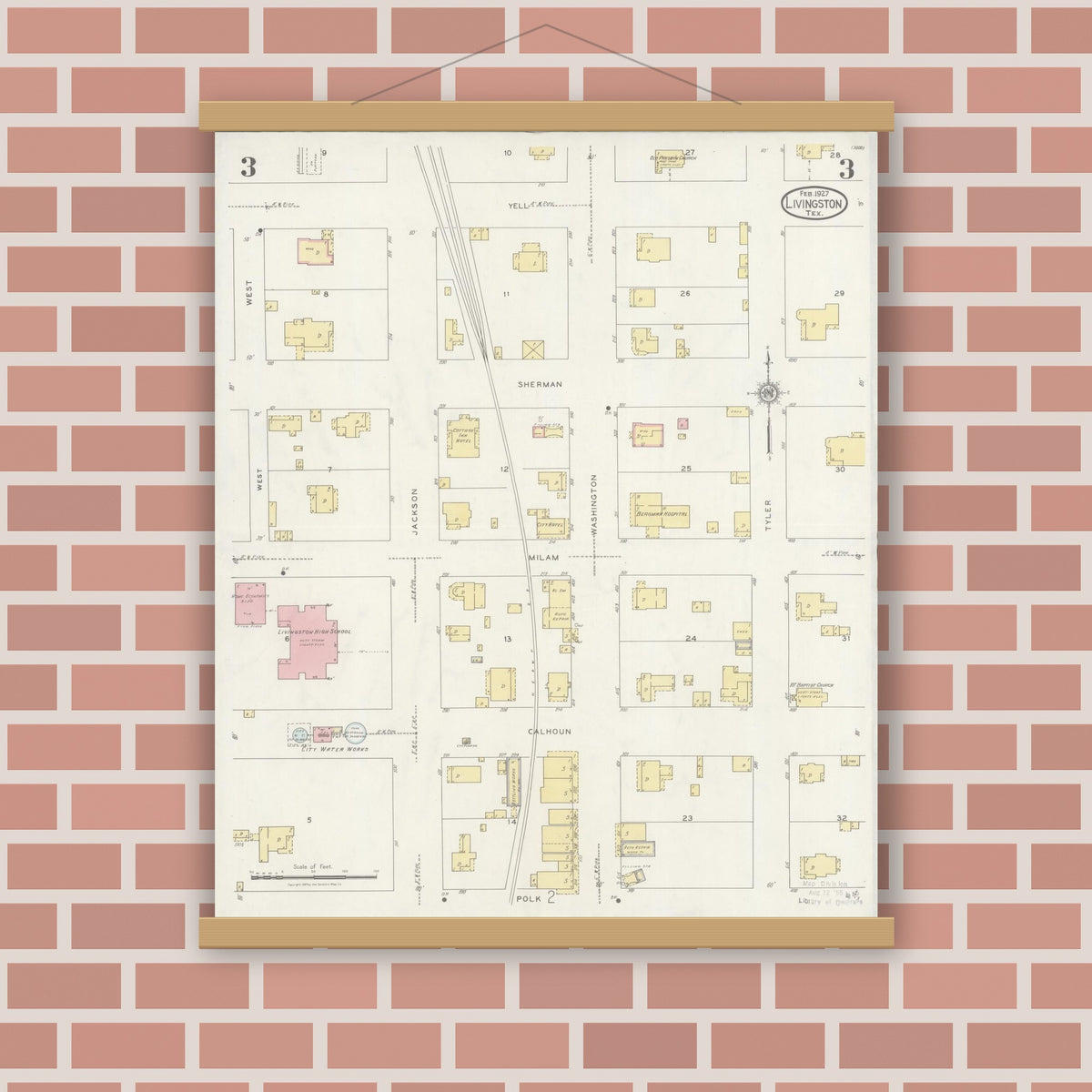 Old map wall art mockup — magnetic wood frame on brick wall — Sanborn Fire Insurance Map from Livingston, Polk County, Texas (1927), Sheet #0003