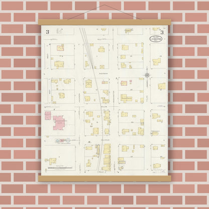 Old map wall art mockup — magnetic wood frame on brick wall — Sanborn Fire Insurance Map from Livingston, Polk County, Texas (1927), Sheet #0003