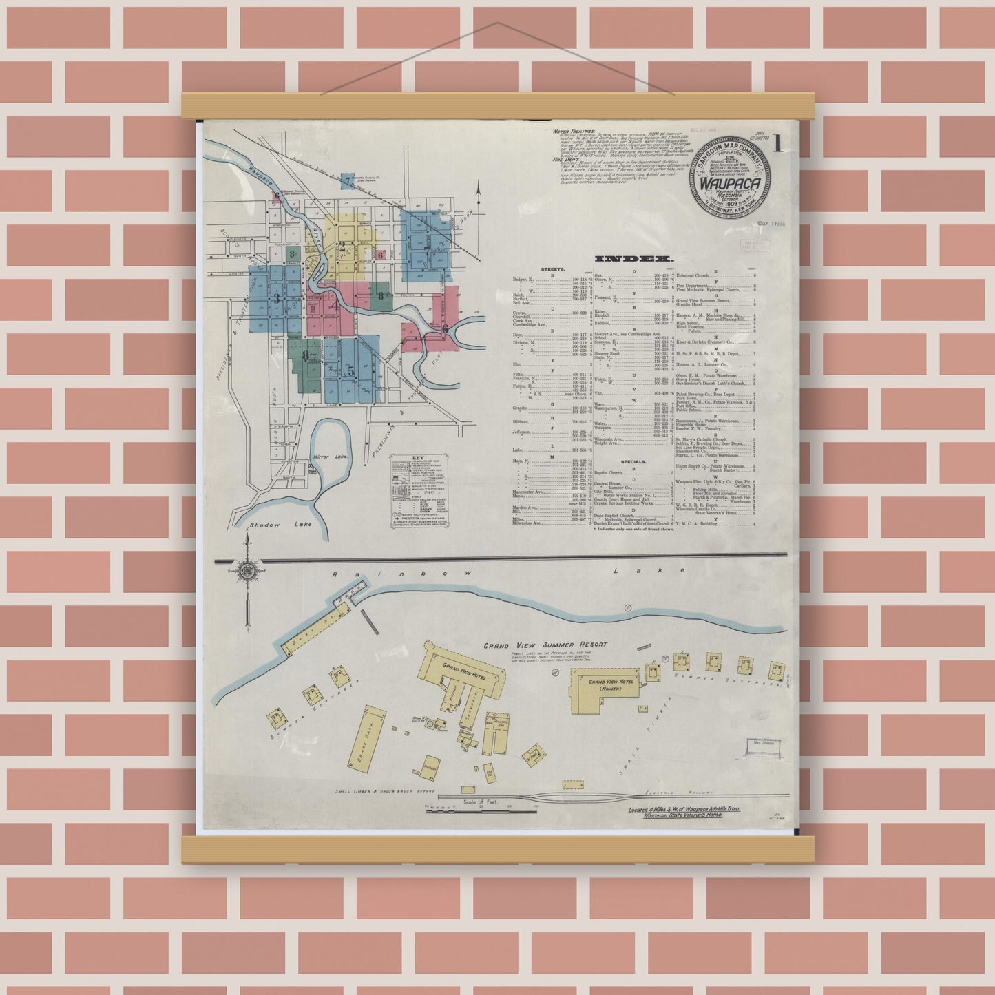 Old map wall art mockup — magnetic wood frame on brick wall — Sanborn Fire Insurance Map from Waupaca, Waupaca County, Wisconsin (1909) - Complete Map Set
