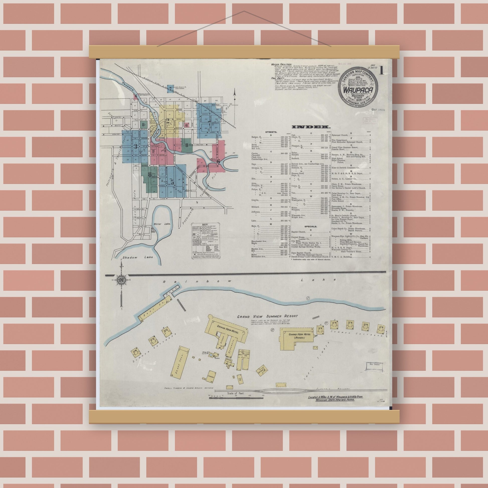 Old map wall art mockup — magnetic wood frame on brick wall — Sanborn Fire Insurance Map from Waupaca, Waupaca County, Wisconsin (1909) - Complete Map Set