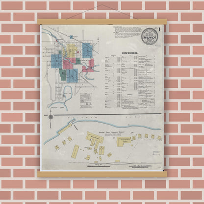 Old map wall art mockup — magnetic wood frame on brick wall — Sanborn Fire Insurance Map from Waupaca, Waupaca County, Wisconsin (1909) - Complete Map Set